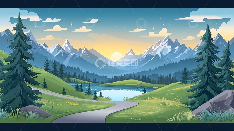 高清大图下载【趣麦麦图】山水风景插画