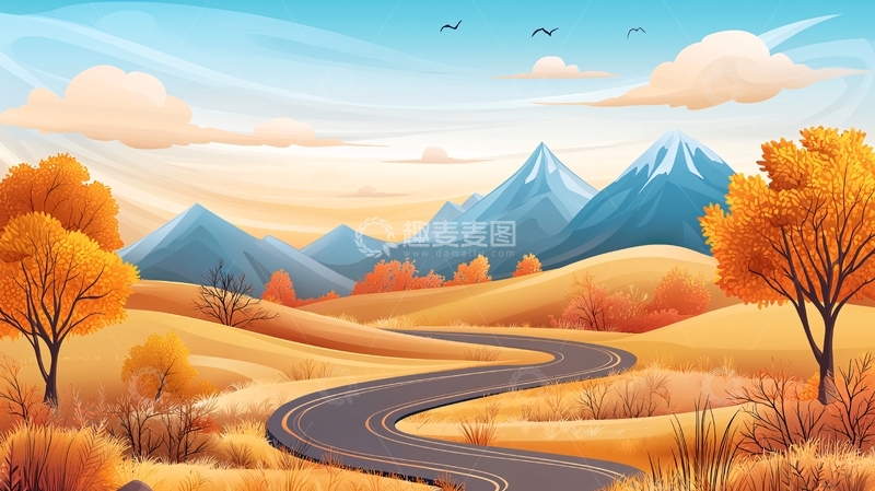高清大图下载【趣麦麦图】秋季山路风景插画