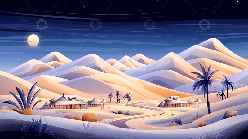 高清大图下载【趣麦麦图】夜晚沙漠的村庄