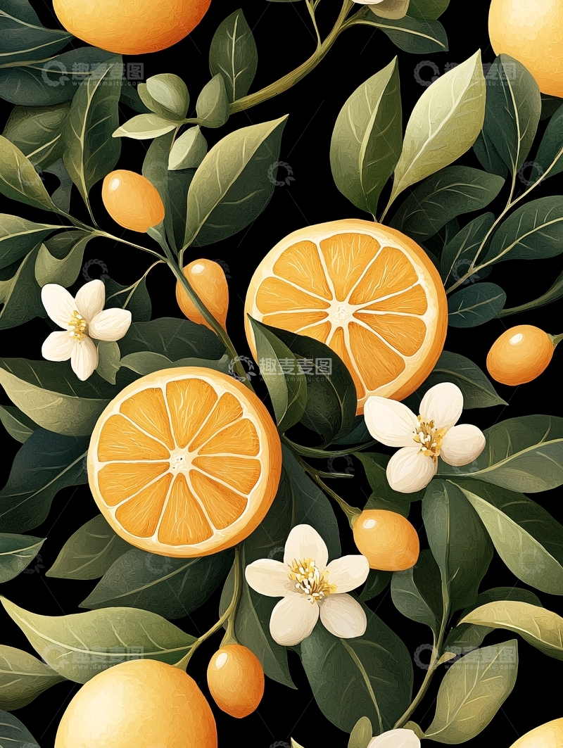 高清大图下载【趣麦麦图】橙子与花的艺术插画