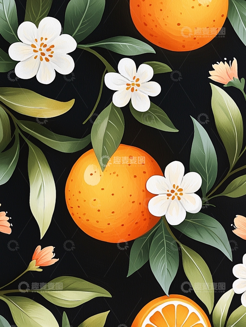 高清大图下载【趣麦麦图】橙子与花朵的艺术插画