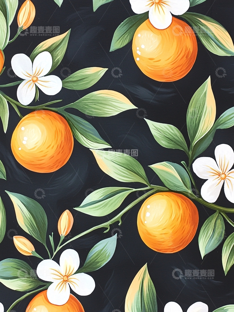高清大图下载【趣麦麦图】橙子花卉手绘图案背景