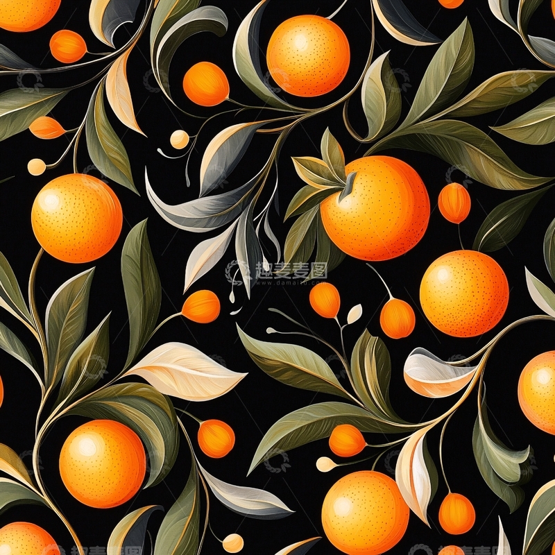 高清大图下载【趣麦麦图】橙色果实与绿叶装饰图案
