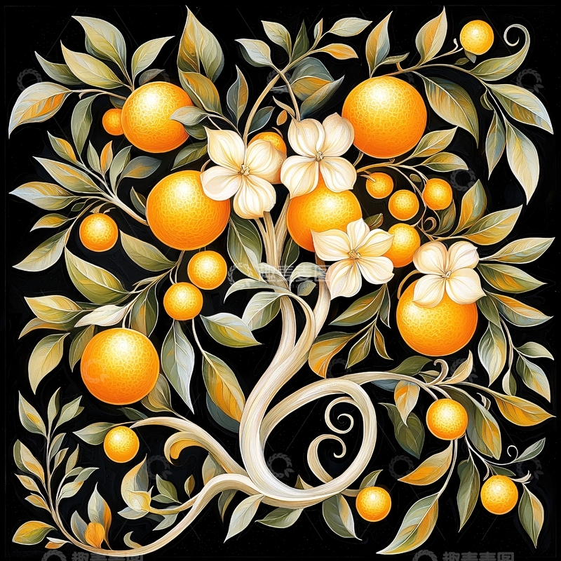 高清大图下载【趣麦麦图】橙色果实与花朵的艺术插画