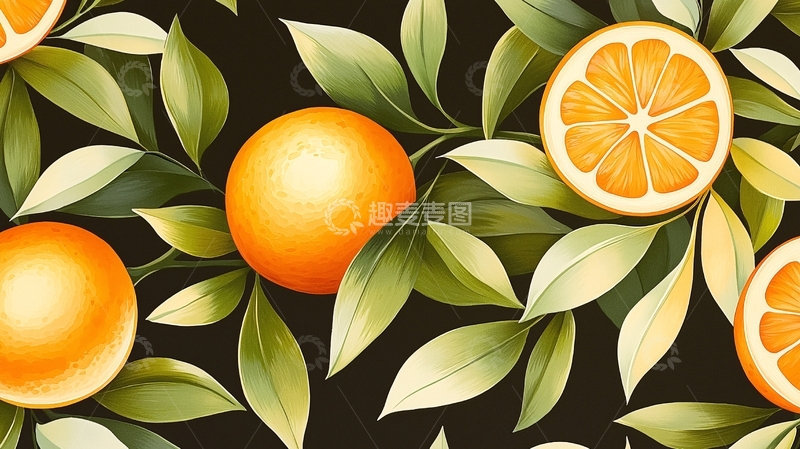 高清大图下载【趣麦麦图】橙子与绿叶背景图案
