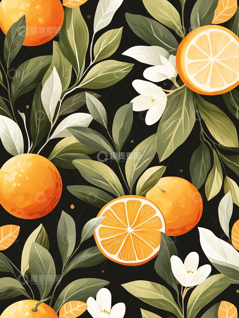 高清大图下载【趣麦麦图】橙子与绿叶花卉图案背景