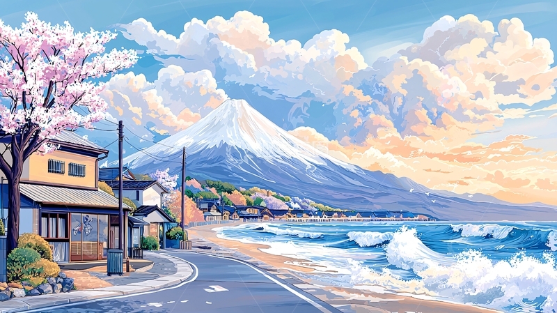 高清大图下载【趣麦麦图】樱花树下的海边小镇风光