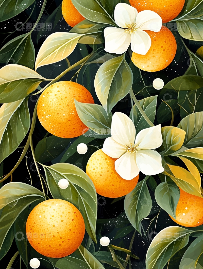 高清大图下载【趣麦麦图】橙子与花朵的艺术插画