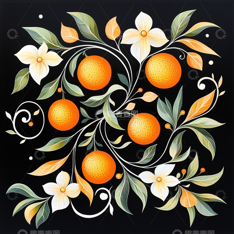 高清大图下载【趣麦麦图】橙色果实与花卉的艺术插画