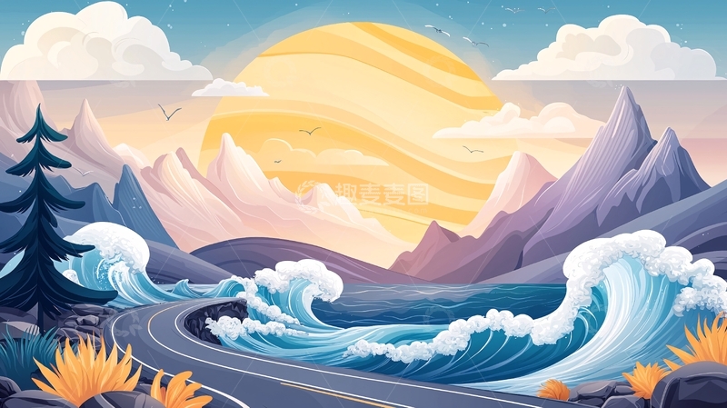 高清大图下载【趣麦麦图】壮丽日出下的海浪公路
