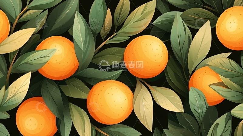 高清大图下载【趣麦麦图】橙子与绿叶背景图案