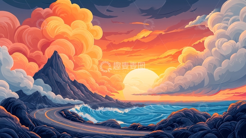 高清大图下载【趣麦麦图】壮丽日落山海云图