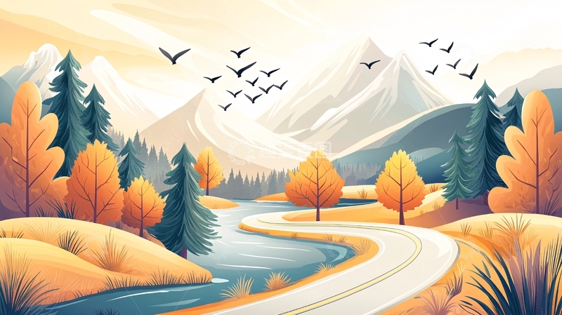 高清大图下载【趣麦麦图】秋日山水风景唯美插画