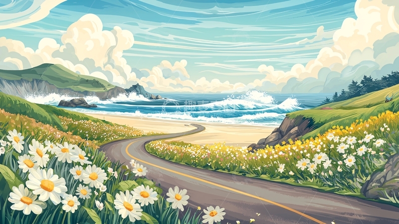高清大图下载【趣麦麦图】海边公路风景插画