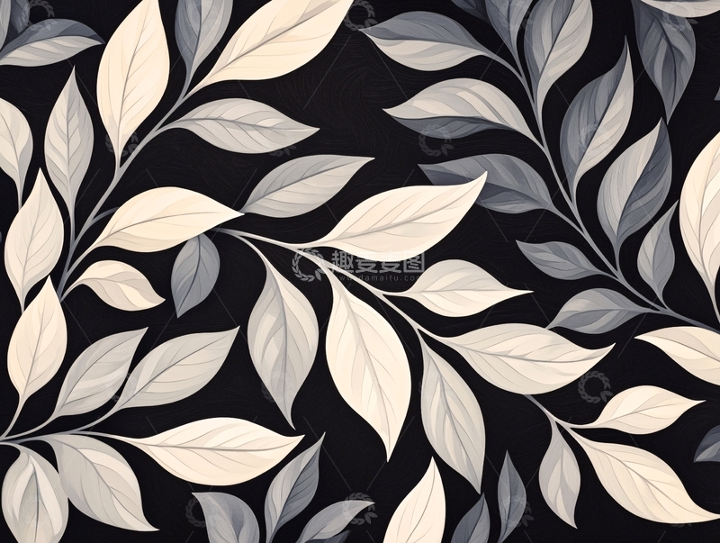 高清大图下载【趣麦麦图】黑白抽象叶子图案背景