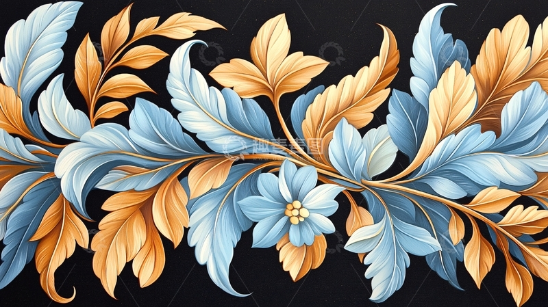 高清大图下载【趣麦麦图】蓝色花朵与金色叶子的艺术插画