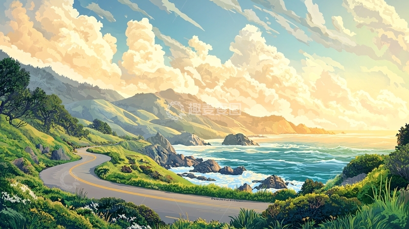 高清大图下载【趣麦麦图】海边公路阳光明媚