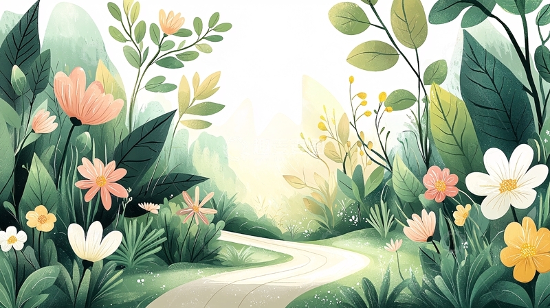 高清大图下载【趣麦麦图】鲜花盛开的绿色小径