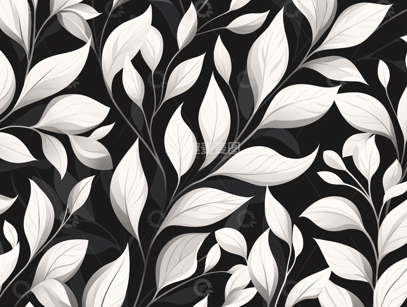 高清大图下载【趣麦麦图】黑白抽象叶子图案背景