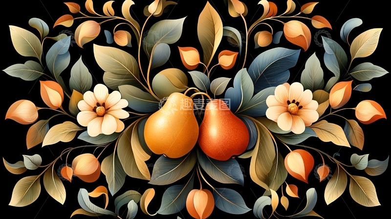 高清大图下载【趣麦麦图】秋日果实与花卉装饰图案