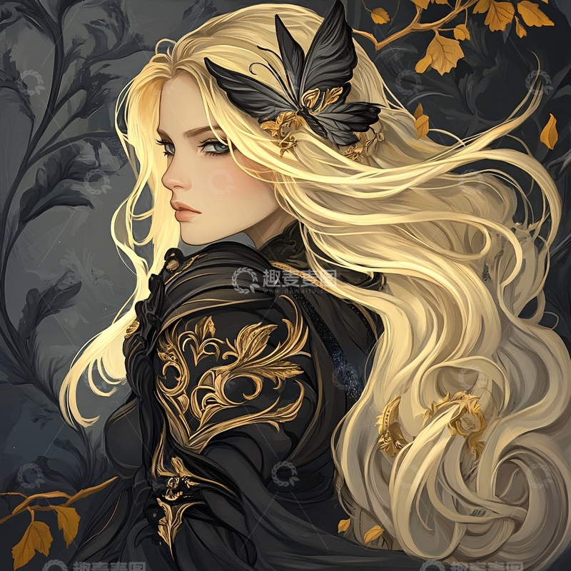 高清大图下载【趣麦麦图】金色蝴蝶与长发的神秘女性
