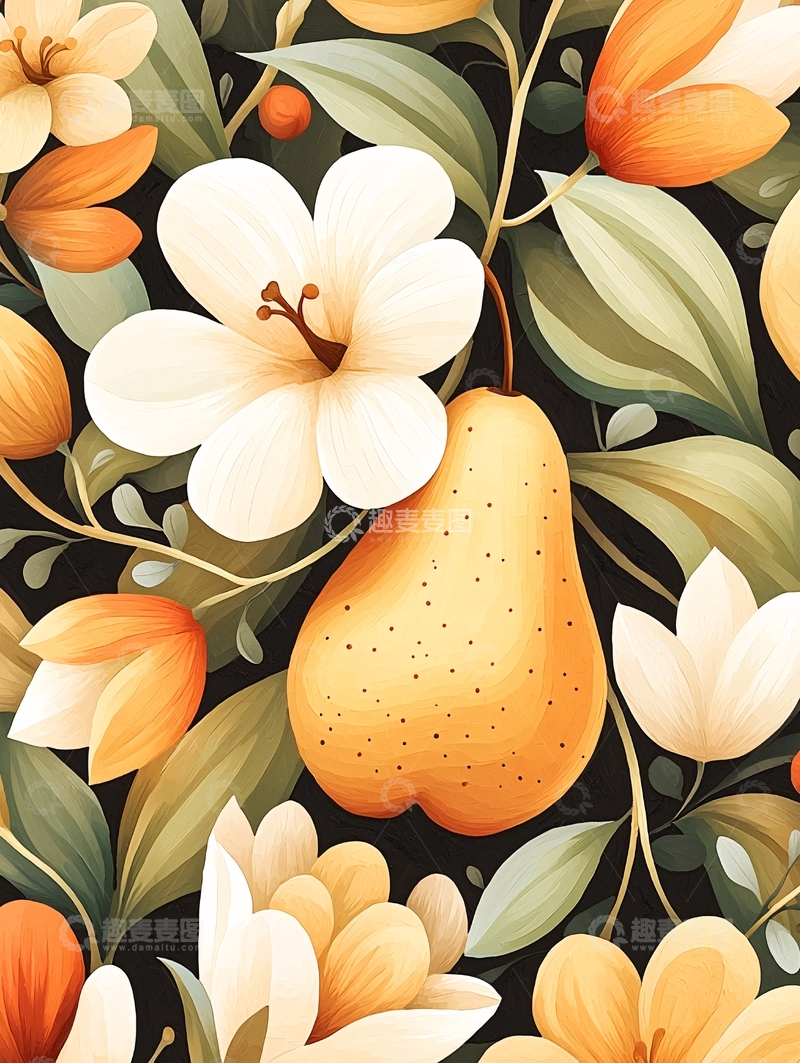 高清大图下载【趣麦麦图】秋日果实与花卉插画背景