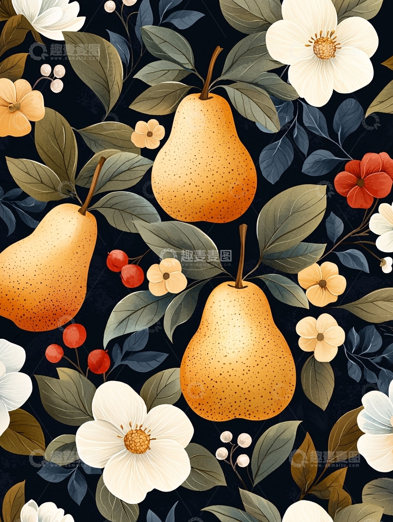 高清大图下载【趣麦麦图】秋日果实与花卉图案背景