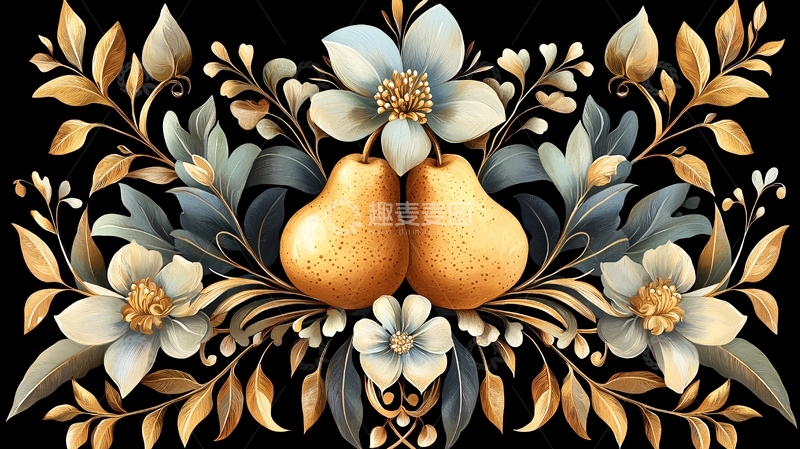 高清大图下载【趣麦麦图】金色果实与花卉装饰图案