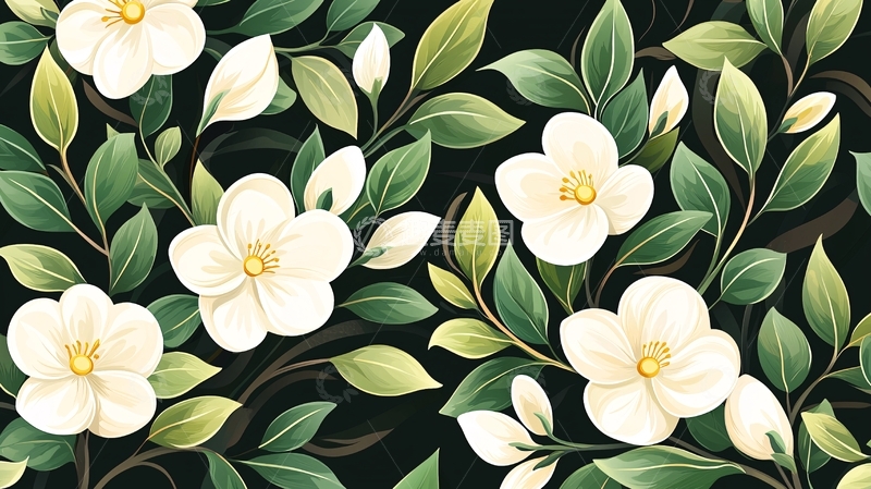 高清大图下载【趣麦麦图】白色花朵与绿色叶子背景图案