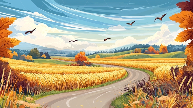 高清大图下载【趣麦麦图】秋季田野弯曲道路