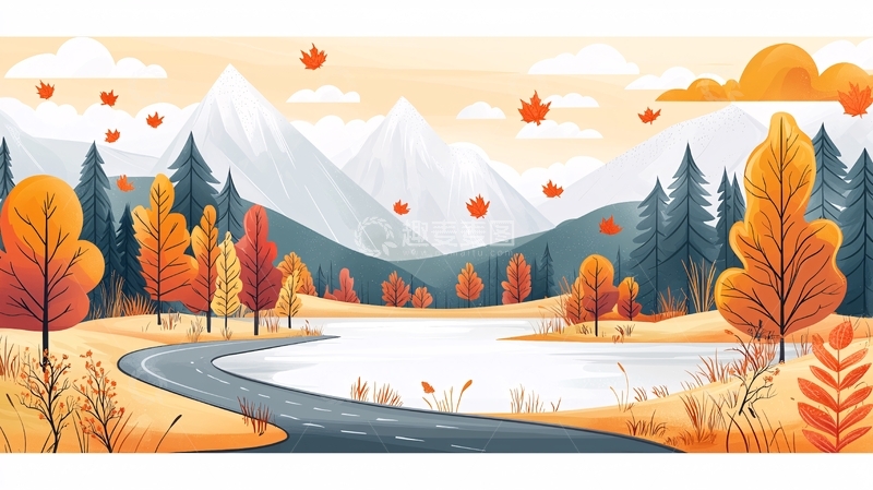 高清大图下载【趣麦麦图】秋季山景水彩绘画风格