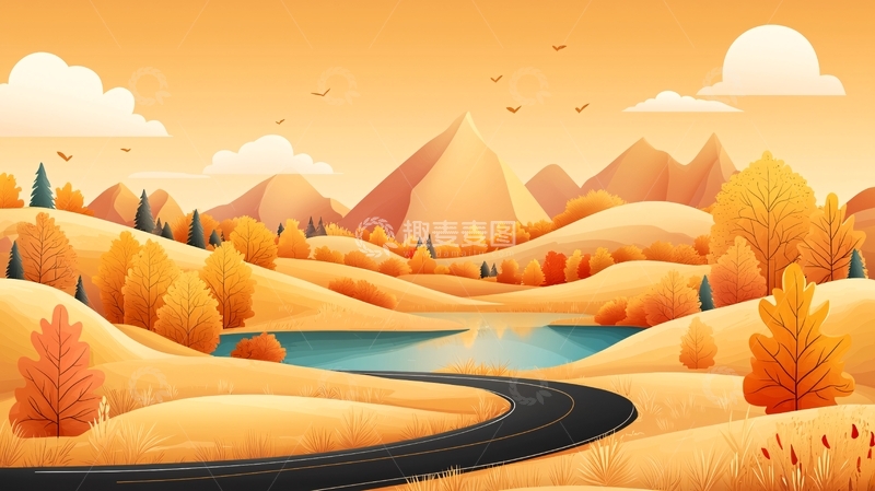 高清大图下载【趣麦麦图】秋日山景水面倒影公路