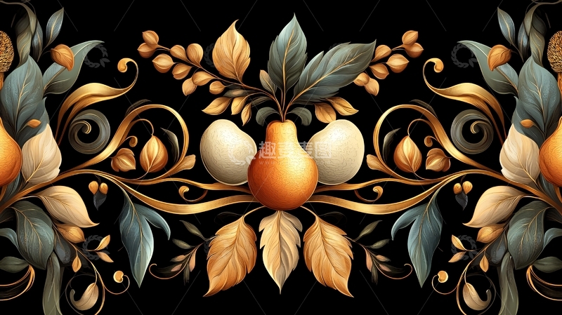 高清大图下载【趣麦麦图】秋日果实与金色藤蔓装饰图案