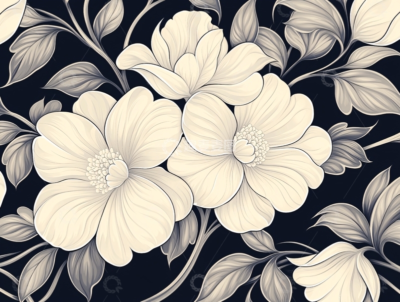 高清大图下载【趣麦麦图】黑白花卉图案背景素材