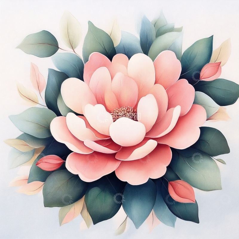 高清大图下载【趣麦麦图】粉色花朵与绿叶的艺术插画