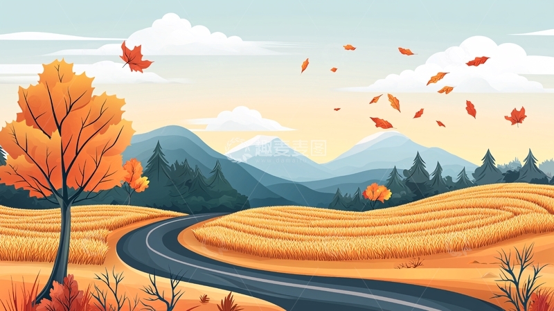 高清大图下载【趣麦麦图】秋日山间风景插画