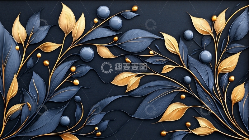 高清大图下载【趣麦麦图】金色果实与深蓝叶子的艺术插画