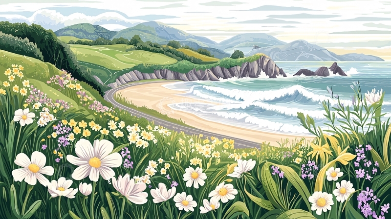 海岸线鲜花草地风景画