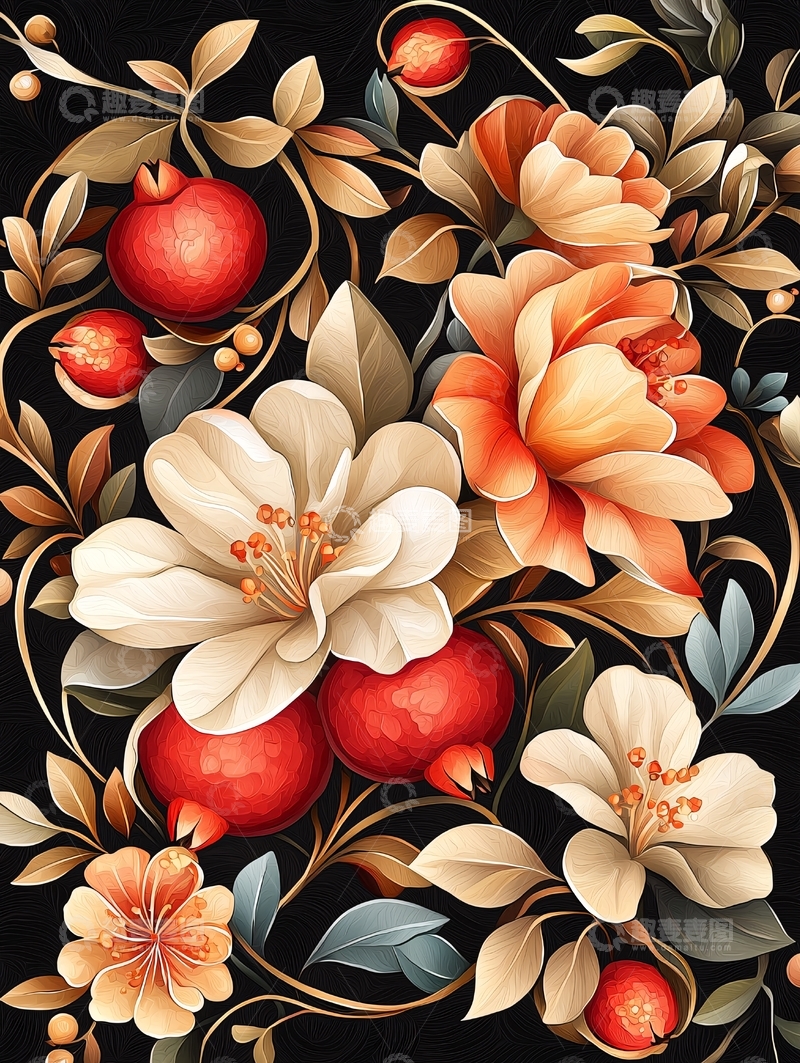 高清大图下载【趣麦麦图】秋日果实与花卉装饰图案