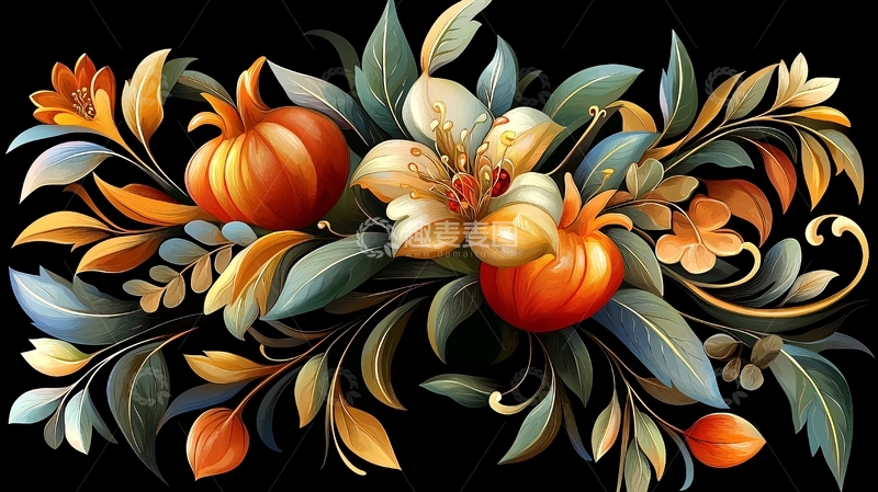 高清大图下载【趣麦麦图】秋日果实与花卉装饰图案