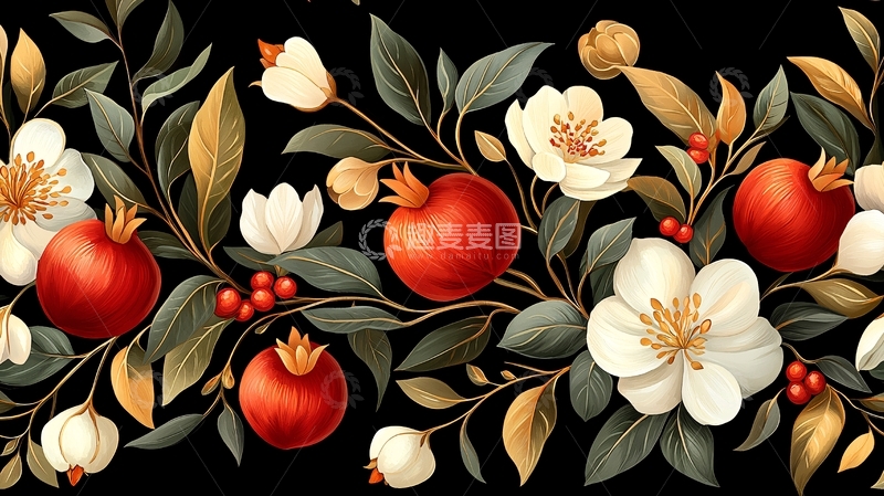 高清大图下载【趣麦麦图】石榴花果装饰图案背景