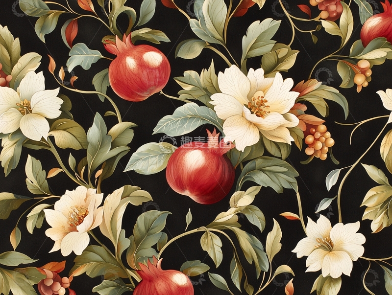 高清大图下载【趣麦麦图】石榴与花卉装饰图案背景