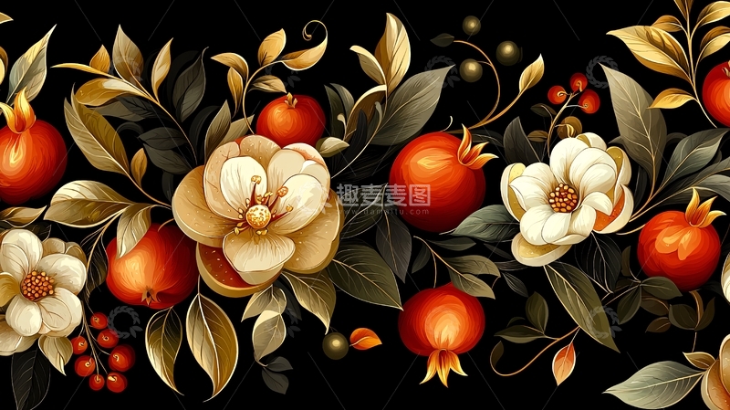 高清大图下载【趣麦麦图】秋日果实与花卉装饰图案