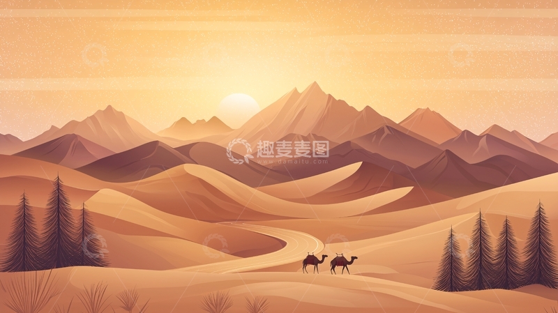 高清大图下载【趣麦麦图】沙漠中两只骆驼行进