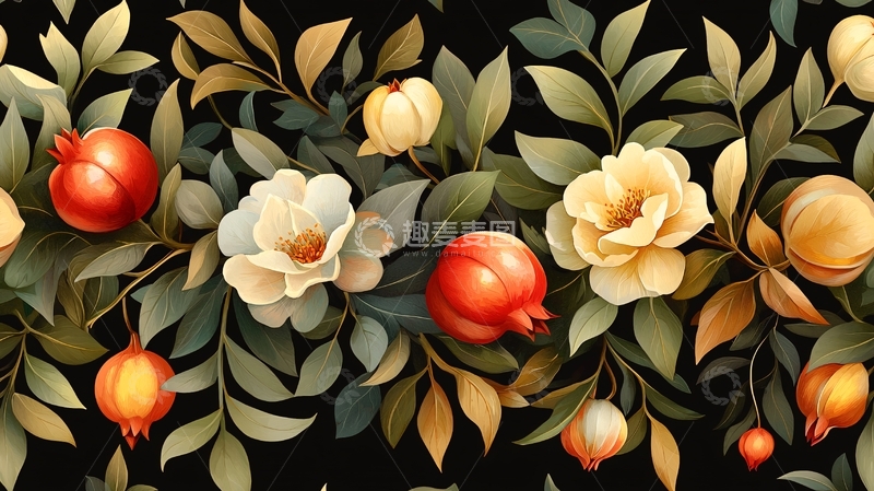 高清大图下载【趣麦麦图】石榴与花朵的自然图案