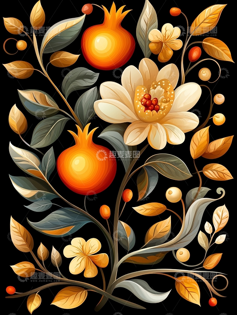 高清大图下载【趣麦麦图】秋季果实与花卉插画