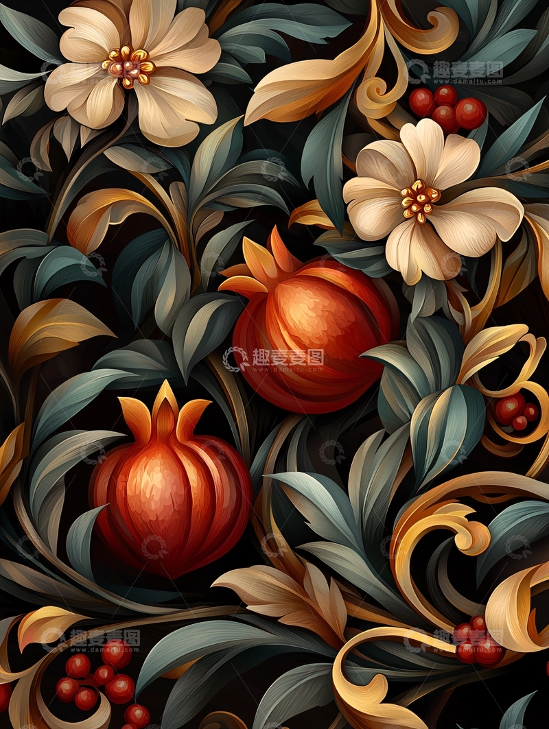 高清大图下载【趣麦麦图】石榴花果植物图案背景