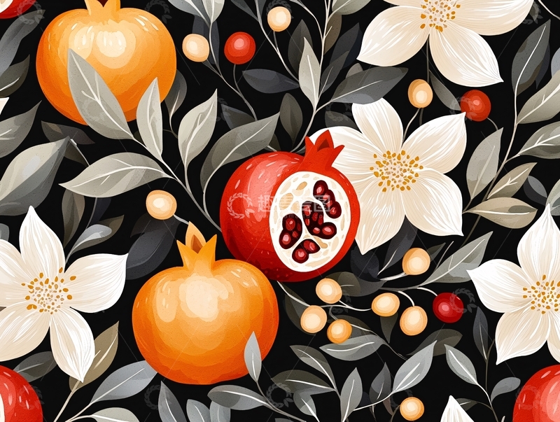 高清大图下载【趣麦麦图】石榴与花朵的图案背景