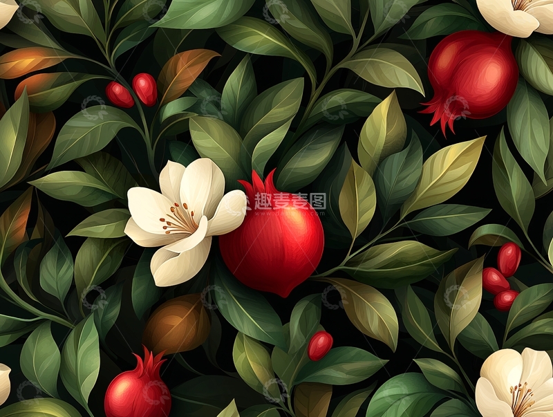 高清大图下载【趣麦麦图】石榴与花朵的自然图案
