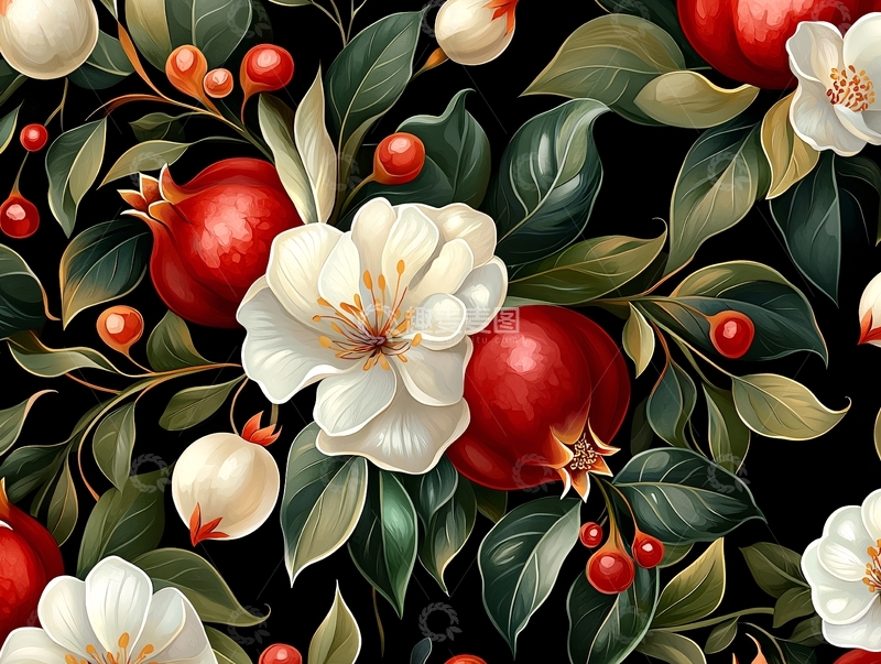 高清大图下载【趣麦麦图】红色浆果与白色花朵的图案背景